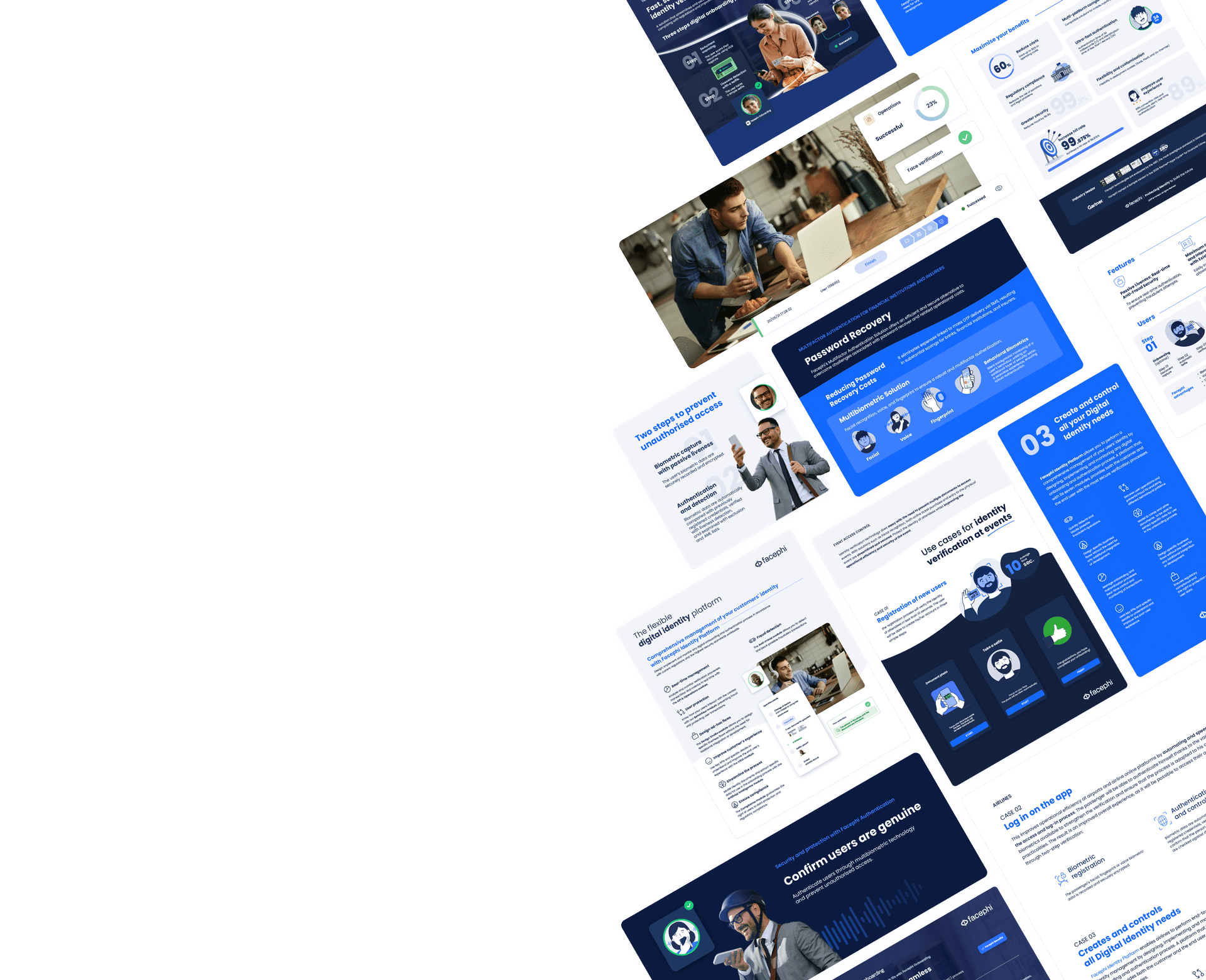 Several brochures of use cases of our technologies arranged and rotated to form a pattern.