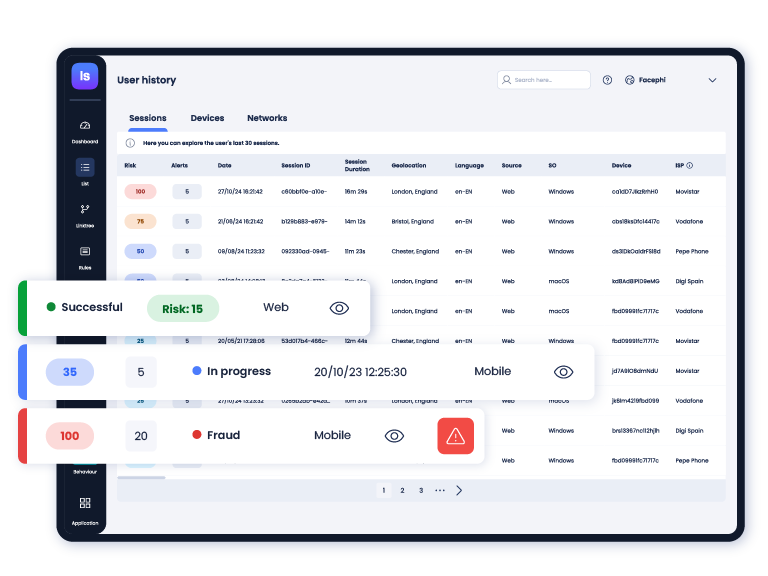 IDV Suite, screen of user history