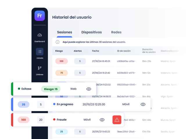 Escritorio de Fraud Monitoring con tres elementos superpuestos