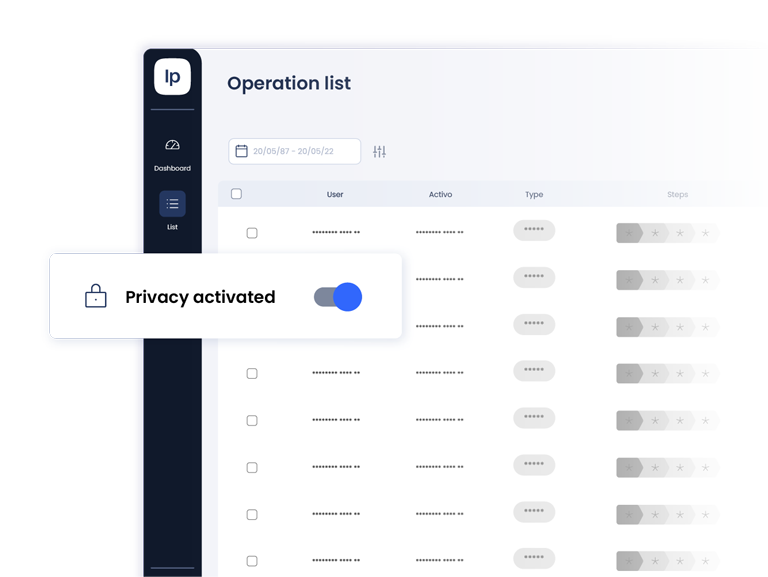 Facephi Identity Platform application desktop with privacy toggle button active