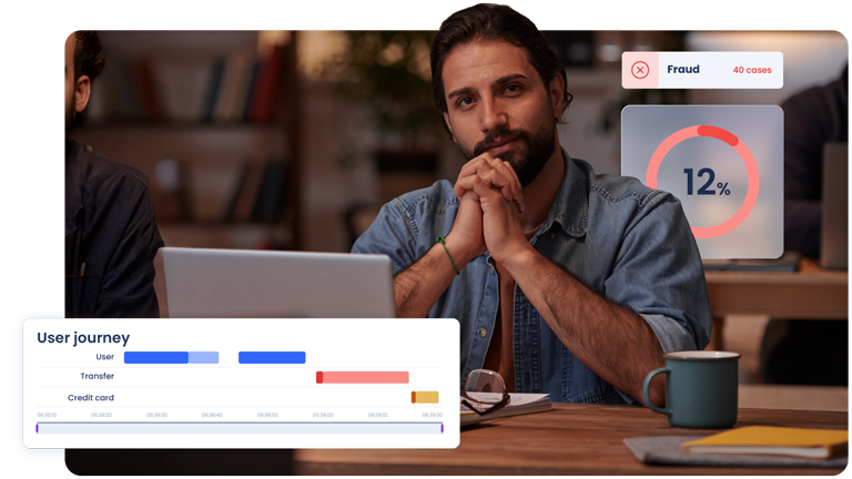 User looking at camera in front of laptop. Several floating windows show user flow and fraud percentage