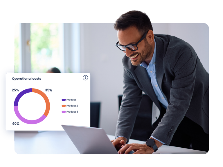 User in front of the laptop viewing various operating cost graphs