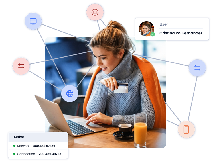 User in front of laptop with credit card. Several icons show the authentication process