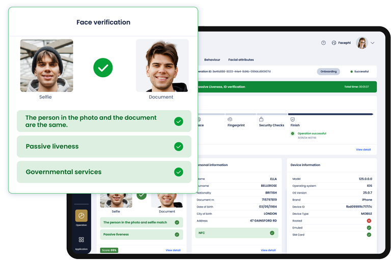 Tablet with Facephi application and highlighted above showing a successful facial recognition operation