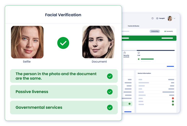 Comparison of two different photos of the same user, verifying her identity