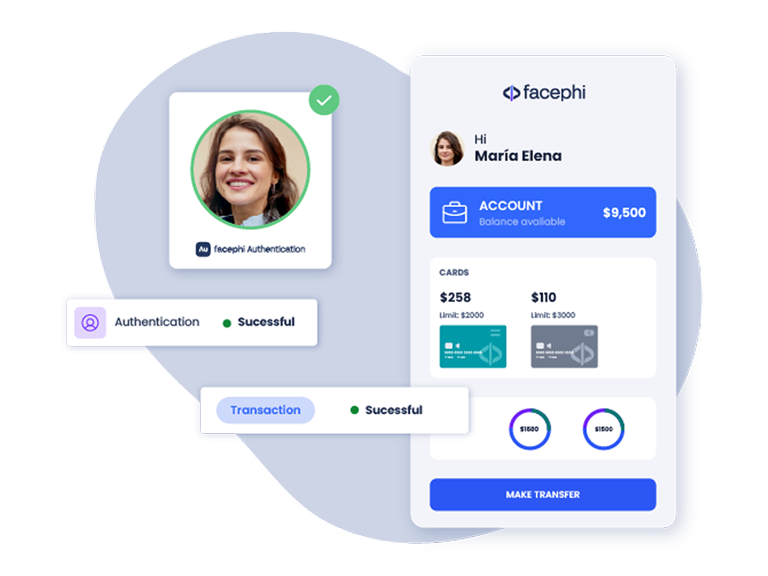 Graphical interface of the Facephi authentication application showing a series of windows: one for successful authentication and another one for completed transaction