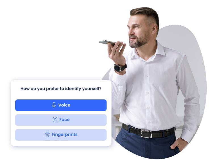 User selecting, through his cell phone, the way to identify himself among: Voice, face and fingerprints