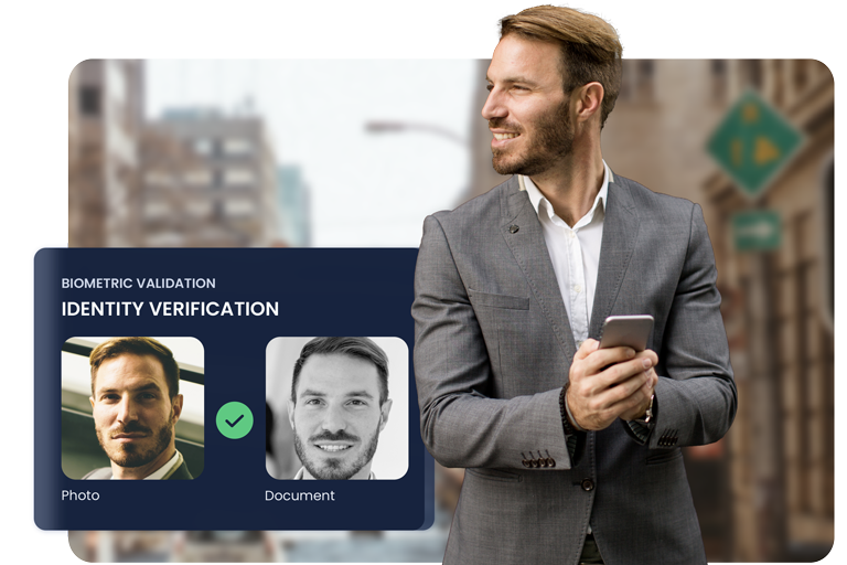 Facephi technology user with a cell phone. An overlay window shows the successful verification process