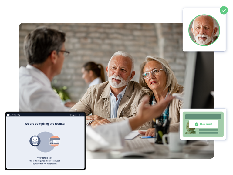 Two senior patients talking to the physician. A series of overlapping screens show the onboarding process