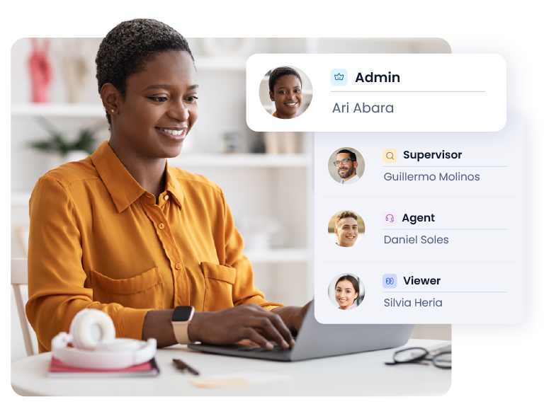 IDV Suite administrator consulting other users with different roles from her laptop.