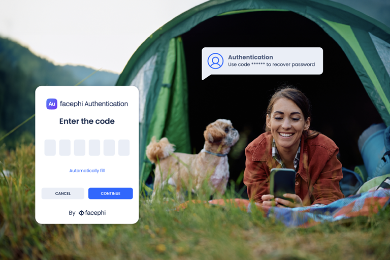 User in a tent recovering her password from her cell phone