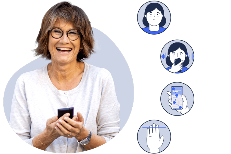 Usuaria con un móvil y 4 iconos ilustrativos de la solución multibiométrica