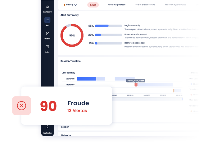 Interface do usuário do produto Behavioural Biometrics com alerta de fraude sobreposto