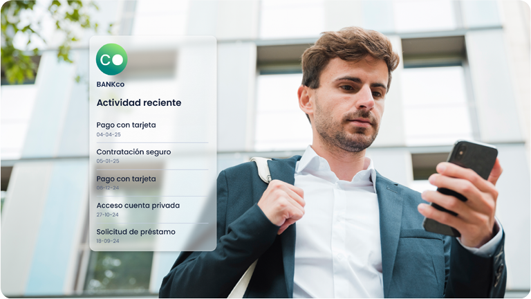 Jovem consultando sua atividade bancária pelo celular.