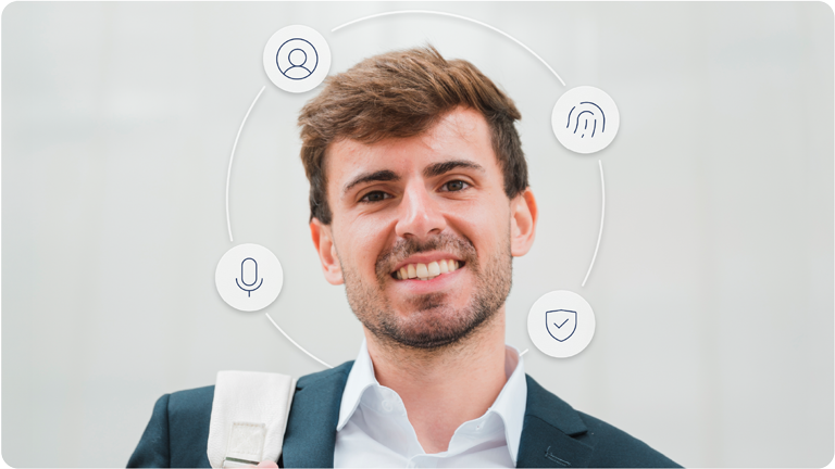 Rosto de jovem em primeiro plano. Ícones da autenticação multifatorial do Teseo ID Wallet ao redor do seu rosto