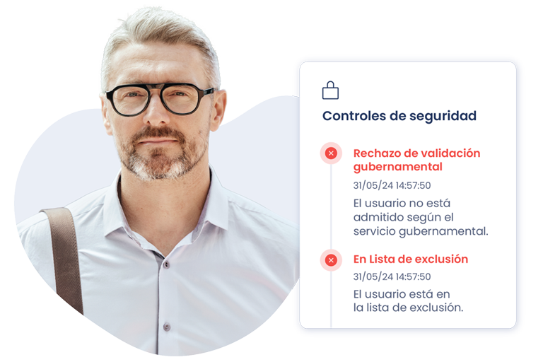 Controles de seguridad a un usuario con AML Screening. El usuario no a superado el control