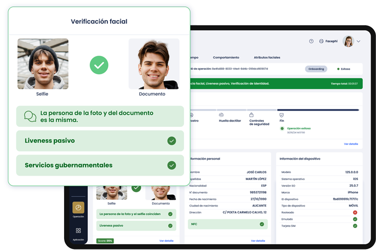 Tablet con la aplicación de Facephi y destacado por encima mostrando una operación exitosa de reconocimiento facial