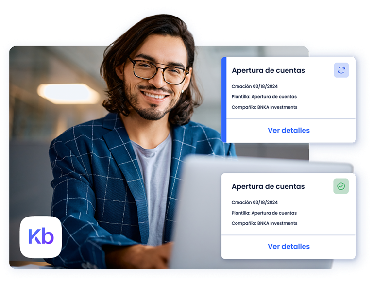 Usuario de KYB Platform frente al portátil. Dos ventanas superpuestas muestran lo que ve en el ordenador
