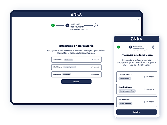 Pantallas de tablet y de móvil superpuesta, en las que se muestran el primer paso de la configuración de la plataforma Facephi KYB Platform