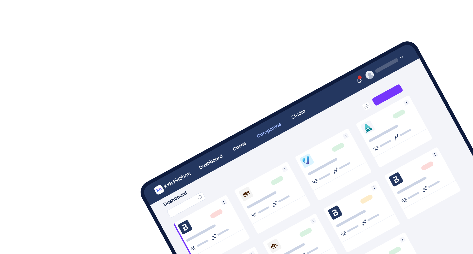 Pantalla de dispositivo girada en la que se ve la aplicación Facephi KYB platform