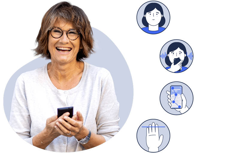 Usuaria con un móvil y 4 iconos ilustrativos de la solución multibiométrica