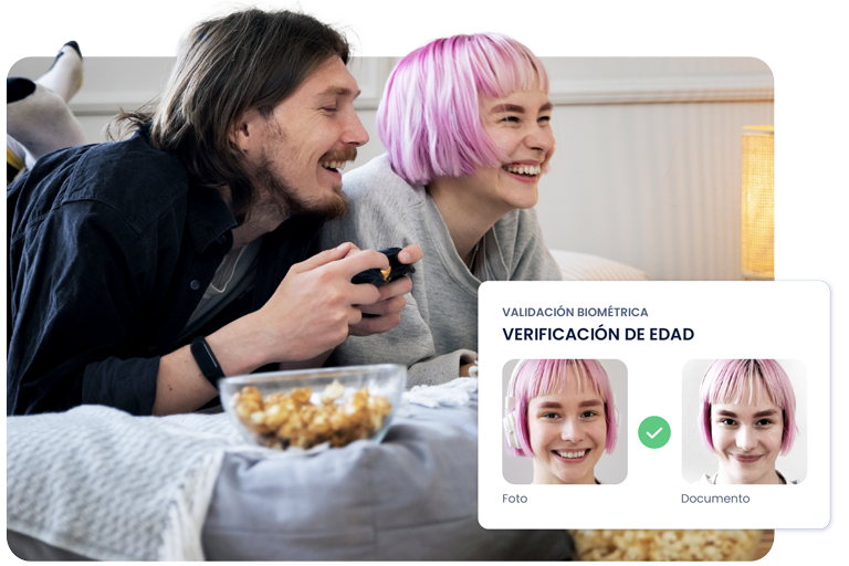 Jóvenes jugando a la consola y detalle de pantalla de verificación de edad