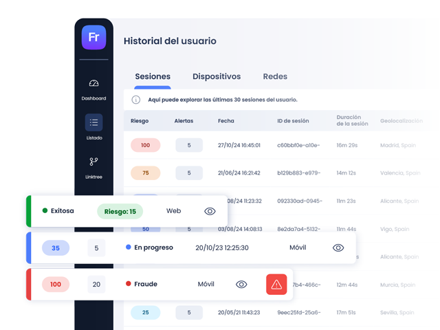 Escritorio de Fraud Monitoring con tres elementos superpuestos