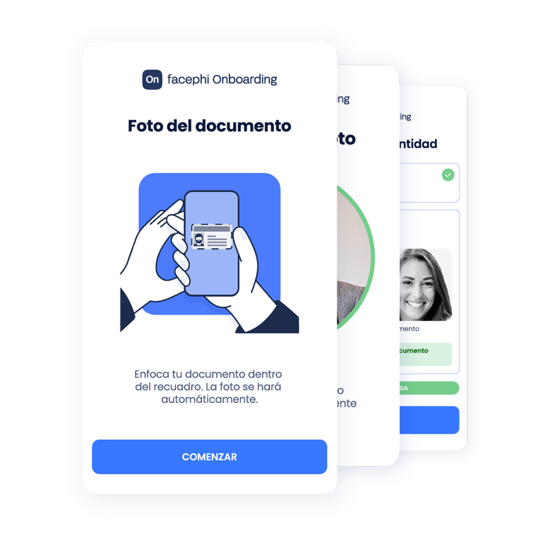 Tres tarjetas superpuestas que ilustran el proceso de verificación de identidad. En la principal vemos el primer paso, hacer una foto al documento
