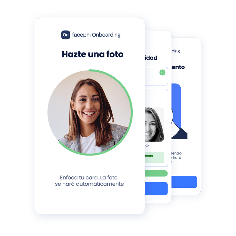 Tres tarjetas superpuestas que ilustran el proceso de verificación de identidad. En la principal vemos el segundo paso, hacerse una foto