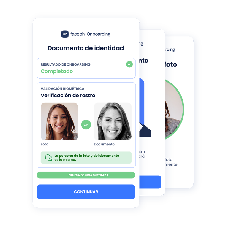 Tres tarjetas superpuestas que ilustran el proceso de verificación de identidad. En la principal vemos el tercer paso, el resultado del onboarding, en este caso satisfactorio
