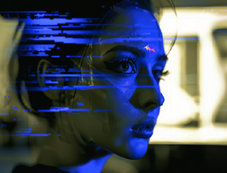 Cara de chica joven en tonos azul oscuro distorsionada