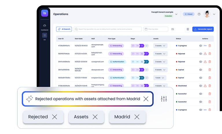Pantalla de operaciones de Facephi IDV