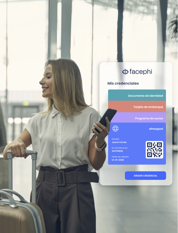 Viajera con móvil y maleta. Una ventana superpuesta muestra sus credenciales