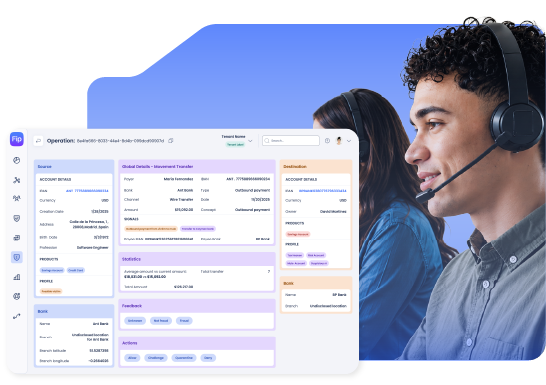 Facephi Identity Platform con datos de una transferencia internacional y un agente de soporte al cliente.
