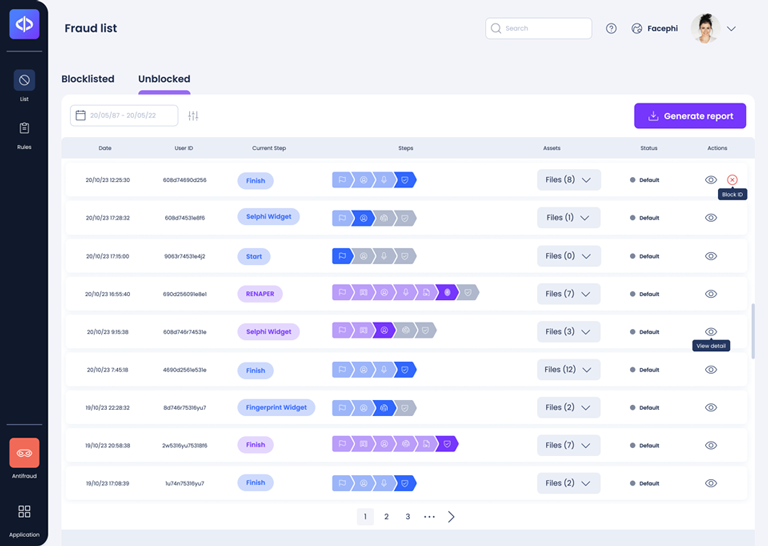 Pantalla con listado de usuarios desbloqueados en Facephi Identity Platform