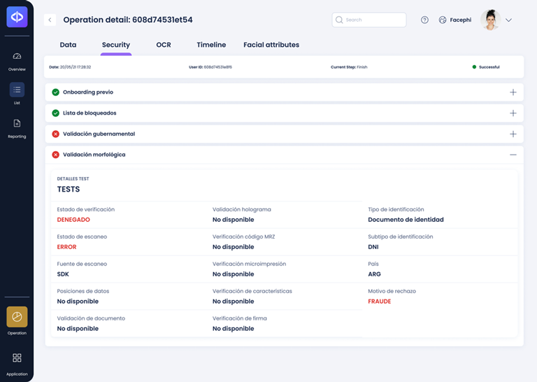 Detalles de una operación fallida en Facephi Identity Platform