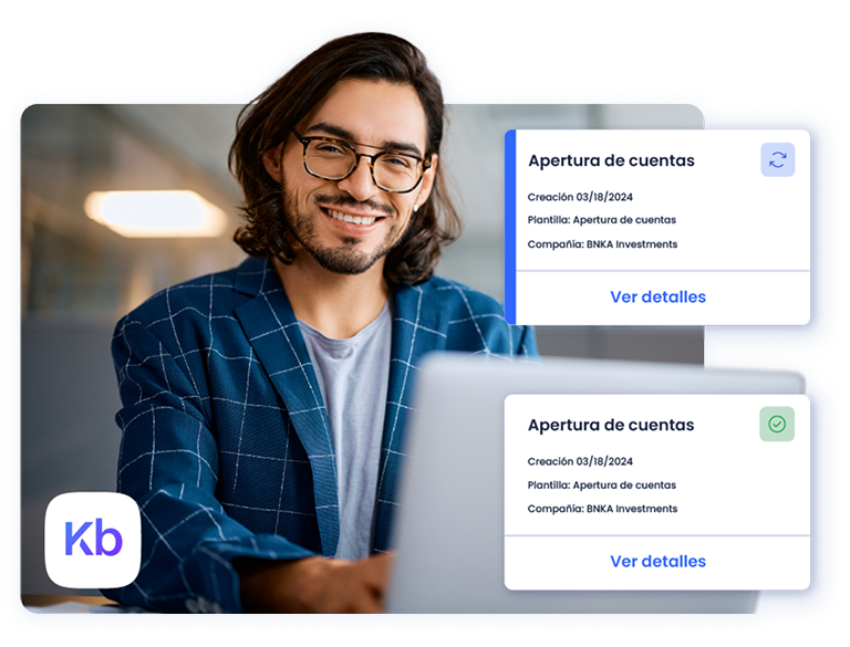 Usuario de KYB Platform frente al portátil. Dos ventanas superpuestas muestran lo que ve en el ordenador
