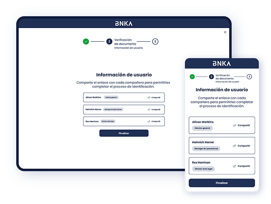 Pantallas de tablet y de móvil superpuesta, en las que se muestran el primer paso de la configuración de la plataforma Facephi KYB Platform