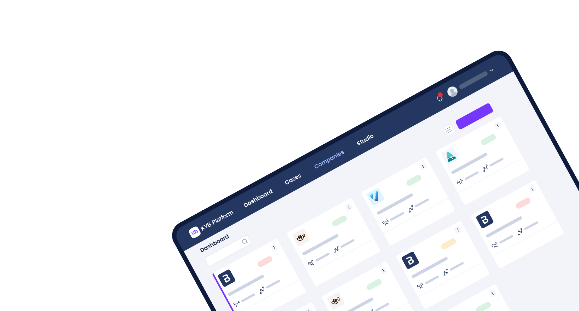 Pantalla de dispositivo girada en la que se ve la aplicación Facephi KYB platform