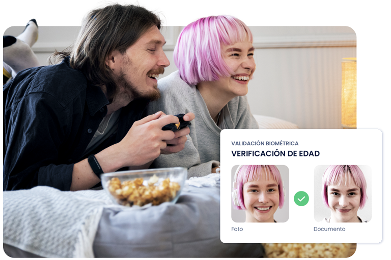 Jóvenes jugando a la consola y detalle de pantalla de verificación de edad
