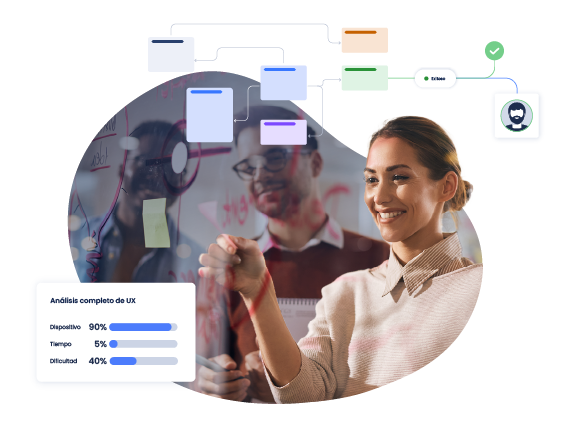Equipo de UX analizando la experiencia de usuario mediante anotaciones en una pizarra