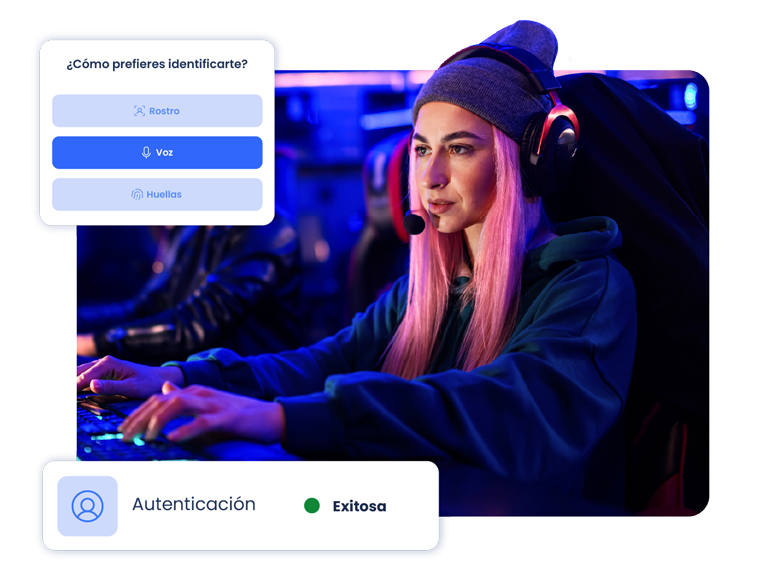 Chica joven jugando online. Dos ventanas flotantes muestran que se ha autenticado por voz